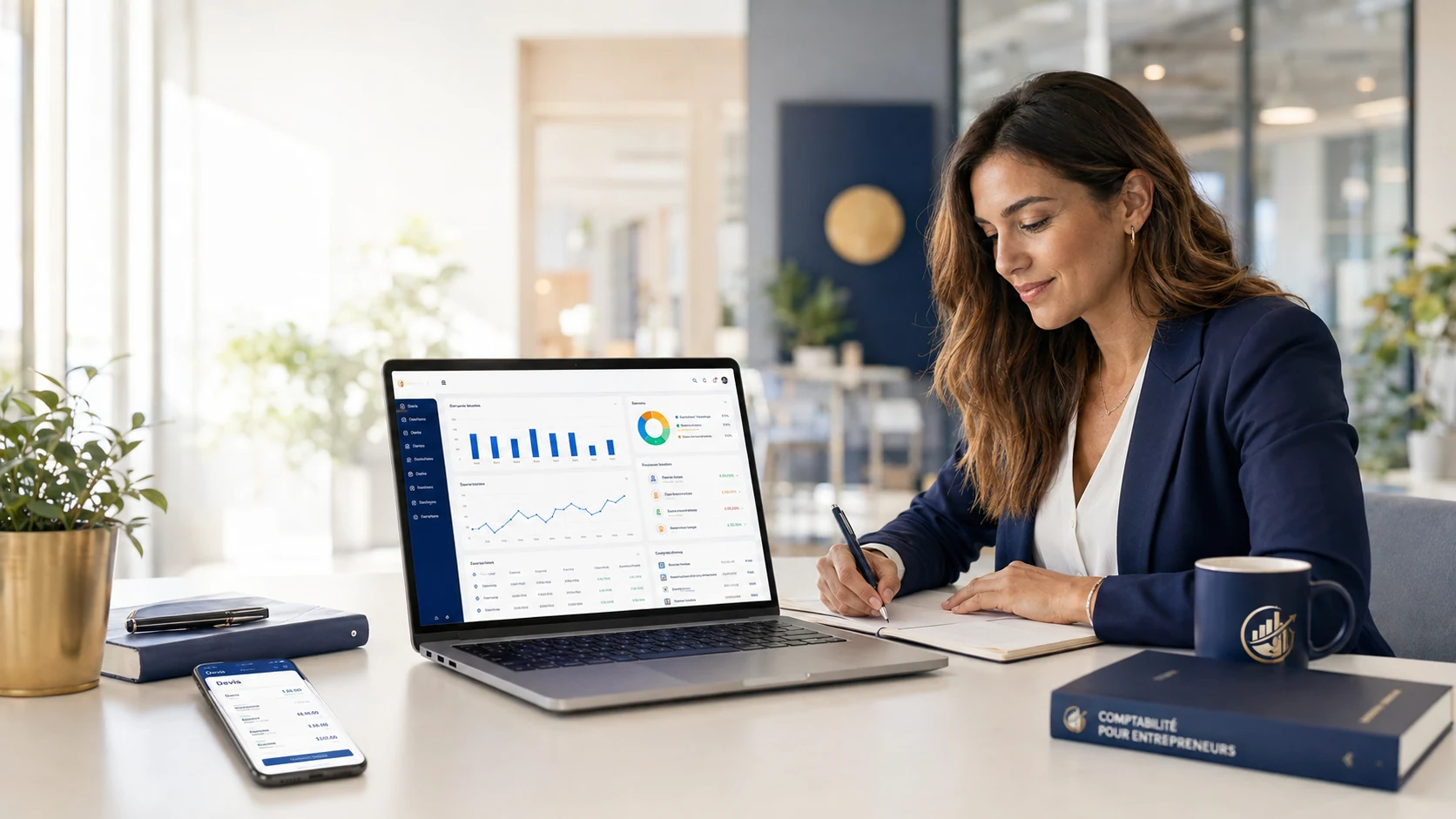 Entrepreneuse utilisant CorsGestion sur ordinateur et téléphone