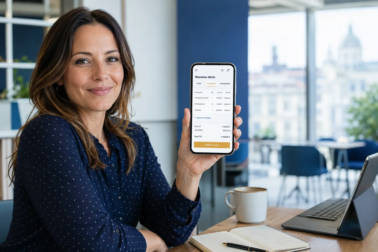 Entrepreneuse préparant un devis professionnel depuis son téléphone